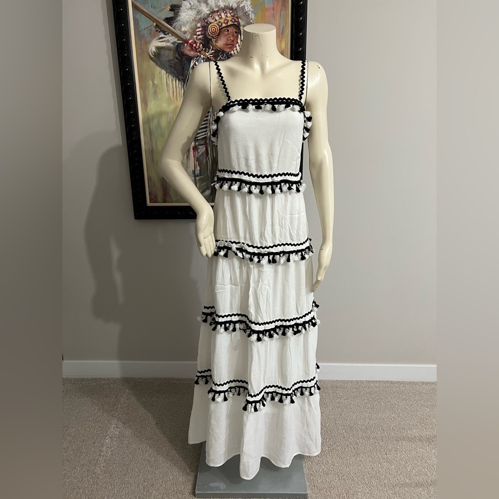L’ATISTE Tiered White & Black Maxi Dress – Tassel Trim | Size XS - Picture 7 of 13